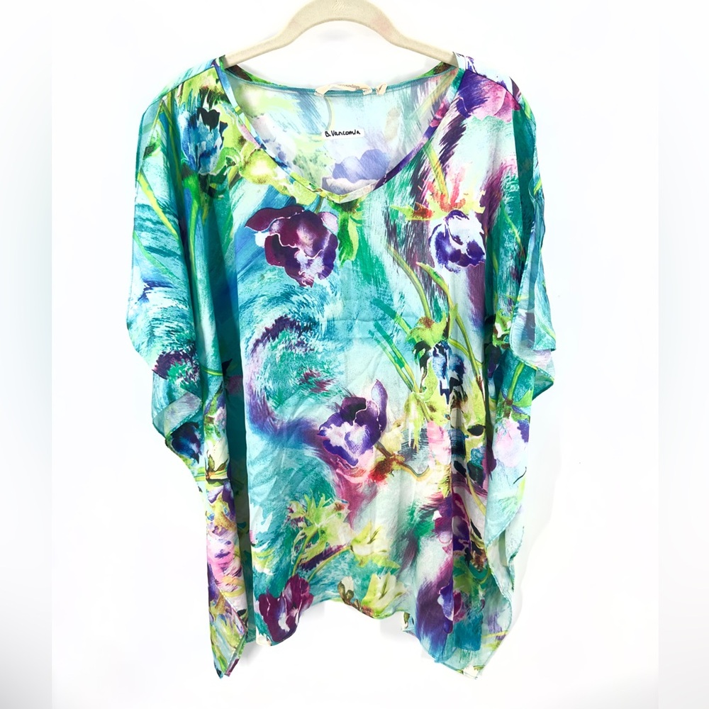 Soft Surroundings Watercolor Floral Poncho Top Womens Size L/XL Boho Artsy Beach